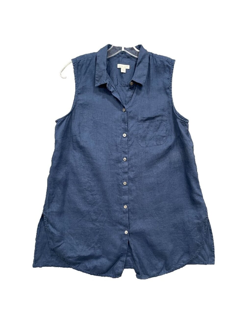 J Jill Love Linen Tunic Top Womens M Blue Sleeveless Button Up Coastal Classic